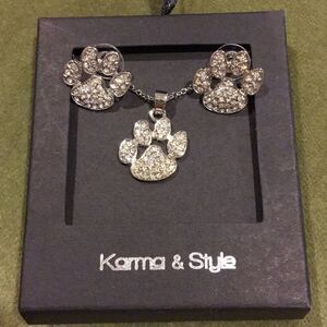 Crystal Dog Print Necklace & Pierced Earrings Set